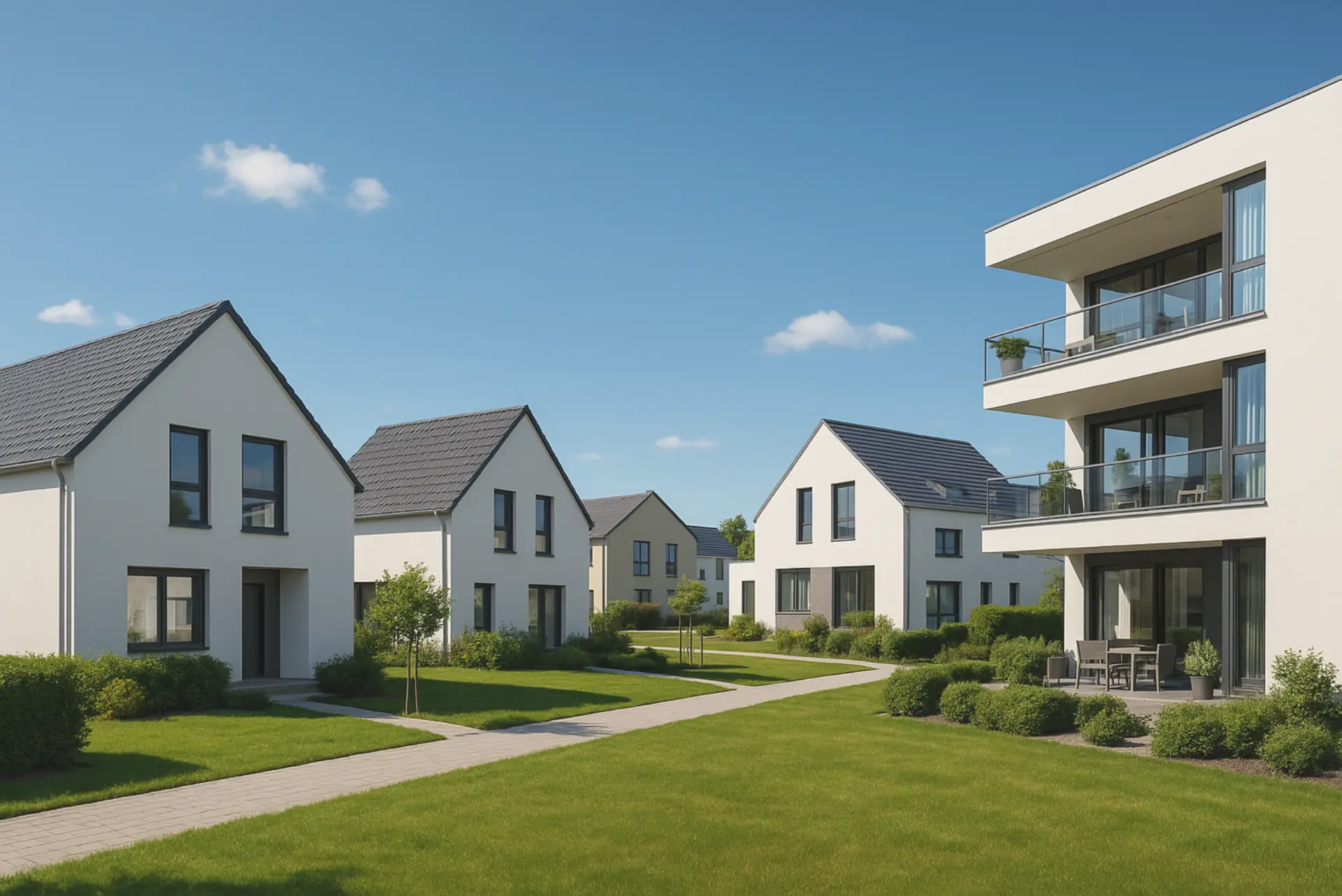Moderne Wohnhäuser mit Gärten in der Auenregion Leine-Weser